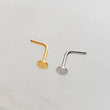 Load image into Gallery viewer, Little Dot Nose Stud • L Bend Nose Stud • 20 Gauge Nose Jewelry • 14k Yellow Gold Plated • Minimalist Style • Flat Disc • Circle