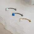 Load image into Gallery viewer, Opal Belly Ring • Prong Set Lab Opal • Non Dangle Belly Stud • Navel Piercing • 16 Gauge • Petite Belly Ring • Surgical Steel • Eyebrow Ring