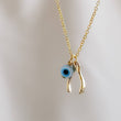 Load image into Gallery viewer, Tiny Wishbone & Evil Eye Necklace • Double Lucky Jewelry • Dainty Evil Eye Charm • Nazar Necklace • Protection Amulet • Lucky Wishbone