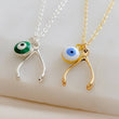 Load image into Gallery viewer, Wishbone & Evil Eye Necklace • Protection Amulets • Gold Wishbone Charm • Personalized Evil Eye Necklace • Good Luck Charms • Make A Wish