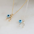 Load image into Gallery viewer, Tiny Wishbone & Evil Eye Necklace • Double Lucky Jewelry • Dainty Evil Eye Charm • Nazar Necklace • Protection Amulet • Lucky Wishbone