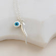 Load image into Gallery viewer, Italian Horn & Evil Eye Necklace • Protection Amulets • Dainty Layering Necklace • Gold Italian Horn • Lucky Charms • Waterproof Necklace