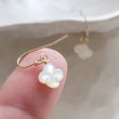 Load image into Gallery viewer, Hand carved mother of pearl 4 leaf clover drop earrings in 14k gold fill. - By Studio Blue