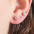 Load image into Gallery viewer, Cubic Zirconia Baguette Studs. Flat Back push in comfort fit. Sleep in earrings in Titanium on model by Studio Blue on Etsy