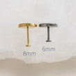 Load image into Gallery viewer, top view showing the length of flat back push in studs in 6mm or 8mm on white background, by Studio Blue on Etsy