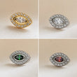Load image into Gallery viewer, 4 Evil Eye earring studs, in titanium or gold plated titanium pavé set with clear CZ stones around green or red center stones. Push in, flat back on a cream colored background. By Studio Blue on Etsy