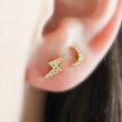 Load image into Gallery viewer, Crescent Moon & Lightning Bolt Flat Back Stud Set • Nap Studs • Celestial Earrings • Waterproof • Sparkle Diamond CZ • Stargazer • 16 Gauge