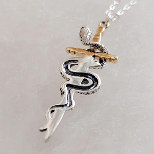 Back view of the Snake & Dagger Necklace pendant showing the black outline