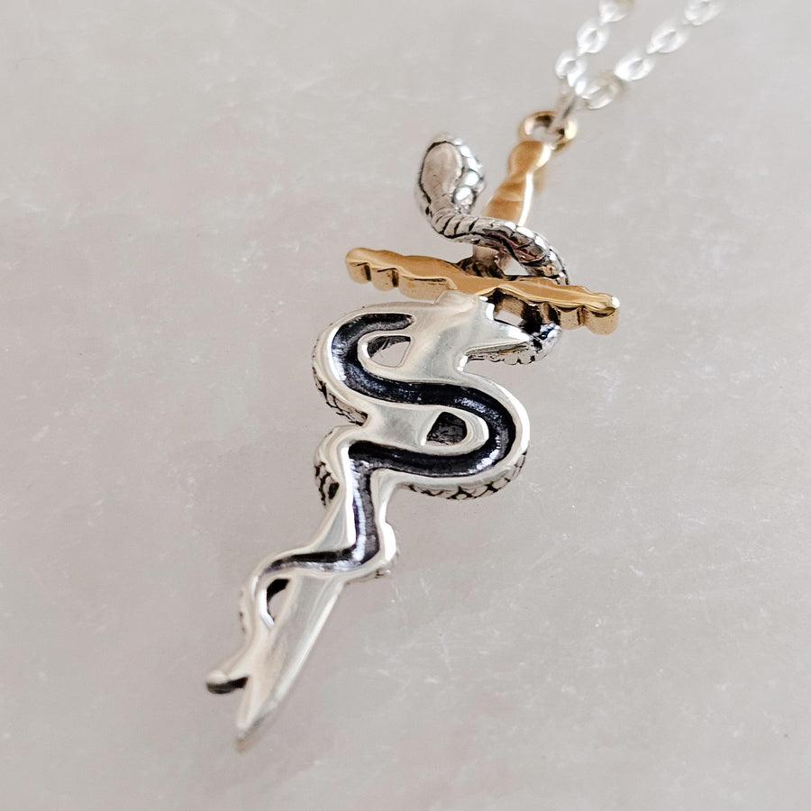 Back view of the Snake & Dagger Necklace pendant showing the black outline