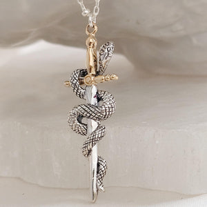Front view of the Snake & Dagger Necklace pendant standing upright against a neutral stone background. The detailed serpent coils tightly around the dagger, blending silver and gold tones in bold contrast.