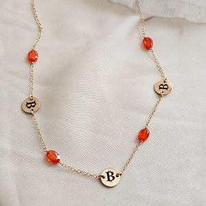 Round Bitcoin Medallion Station Necklace With Orange CZ Accents