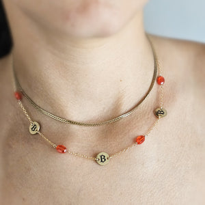 Round Bitcoin Medallion Station Necklace With Orange CZ Accents