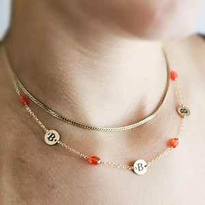 Round Bitcoin Medallion Station Necklace With Orange CZ Accents