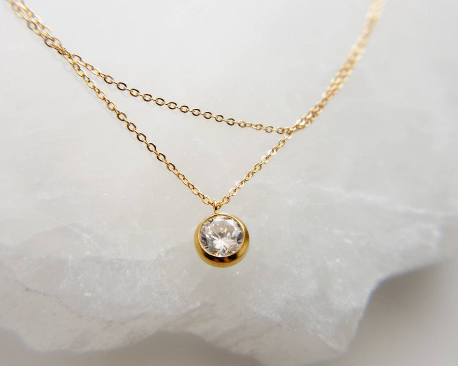 Delicate CZ Choker or Long Necklace • 2 in 1 Layering Necklace • Round Diamond Pendant • Clear Stone • Double Chain • Extra Long Necklace