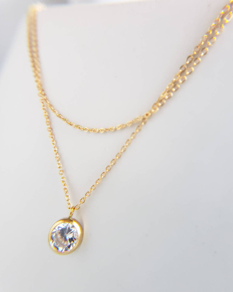 Delicate CZ Choker or Long Necklace • 2 in 1 Layering Necklace • Round Diamond Pendant • Clear Stone • Double Chain • Extra Long Necklace