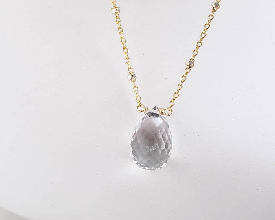 Elegant Teardrop Necklace • Clear Quartz Solitaire Drop • Delicate Dotted Chain • Layering Necklace • Gift For Her • Gift For Bridesmaids