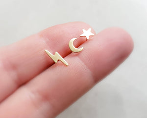 Earring Stud Set • Celestial Studs • Little Star Stud • Crescent Moon Stud • Gold Lightning Bolt • Multiple Piercing Set • Mixed Stud Set