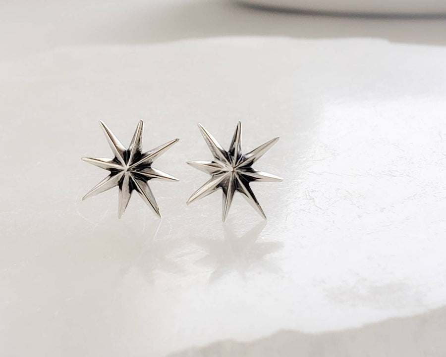 Starburst Studs • Silver Stars • Star Studs • Sterling Post Earrings • Faceted Starburst Earrings • Eight Pointed Star • Delicate Studs