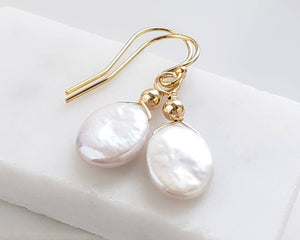 Dainty Coin Pearl Earrings • Delicate Pearl Drops • Oval Coin Pearl Earrings • White Freshwater Pearls • Bridesmaid Gift