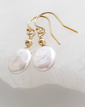 Dainty Coin Pearl Earrings • Delicate Pearl Drops • Oval Coin Pearl Earrings • White Freshwater Pearls • Bridesmaid Gift