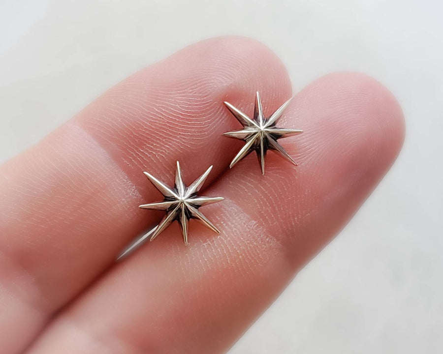 Starburst Studs • Silver Stars • Star Studs • Sterling Post Earrings • Faceted Starburst Earrings • Eight Pointed Star • Delicate Studs