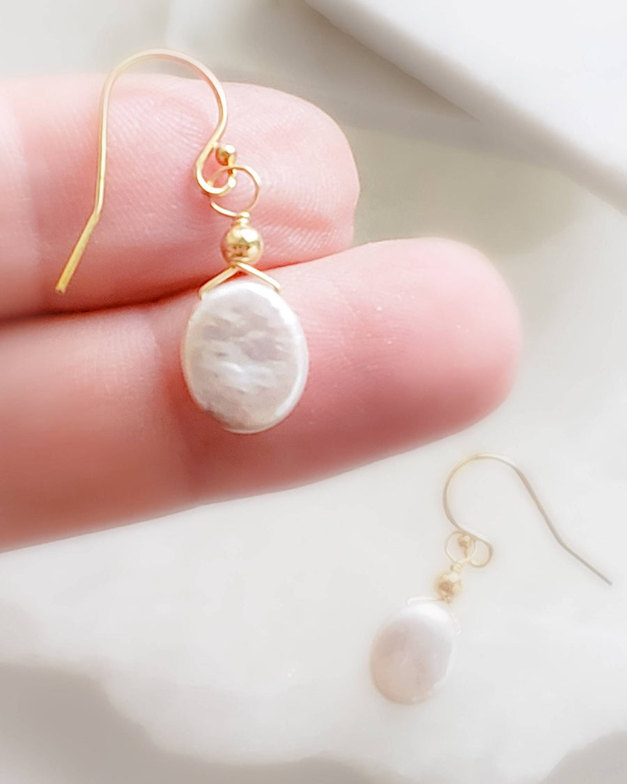 Dainty Coin Pearl Earrings • Delicate Pearl Drops • Oval Coin Pearl Earrings • White Freshwater Pearls • Bridesmaid Gift