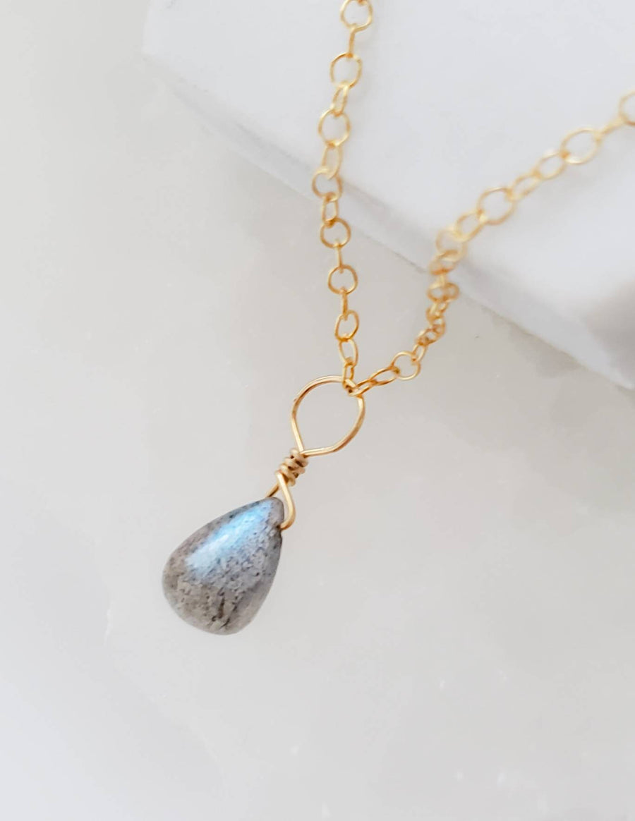 Dainty Labradorite Necklace • Smooth Labradorite Drop • Delicate Gold Chain • Layering Necklace • Blue Green Labradorite Pendant • Gift