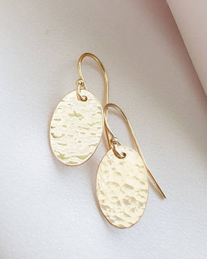 Gold Oval Disk Earrings • Gold Drops • Hammered Disc Drops • Simple Gold Earrings • Minimalist Jewelry • Circle Earrings