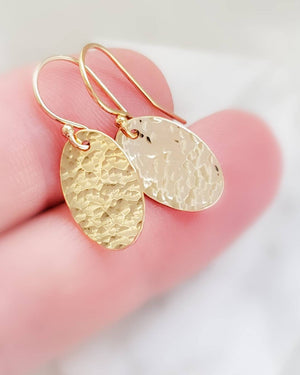 Gold Oval Disk Earrings • Gold Drops • Hammered Disc Drops • Simple Gold Earrings • Minimalist Jewelry • Circle Earrings