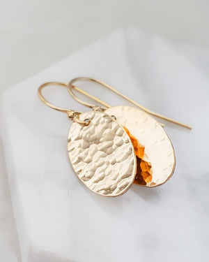 Gold Oval Disk Earrings • Gold Drops • Hammered Disc Drops • Simple Gold Earrings • Minimalist Jewelry • Circle Earrings