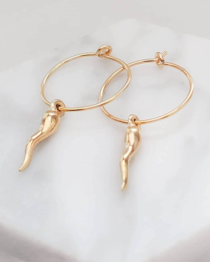 Tiny Italian Horn Hoop Earrings • Thin Gold Hoops • Small Italian Horn • Delicate Hoops • Hoop Earrings • Dainty Jewelry • Good Luck