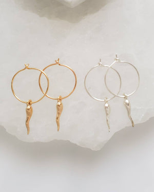 Tiny Italian Horn Hoop Earrings • Thin Gold Hoops • Small Italian Horn • Delicate Hoops • Hoop Earrings • Dainty Jewelry • Good Luck