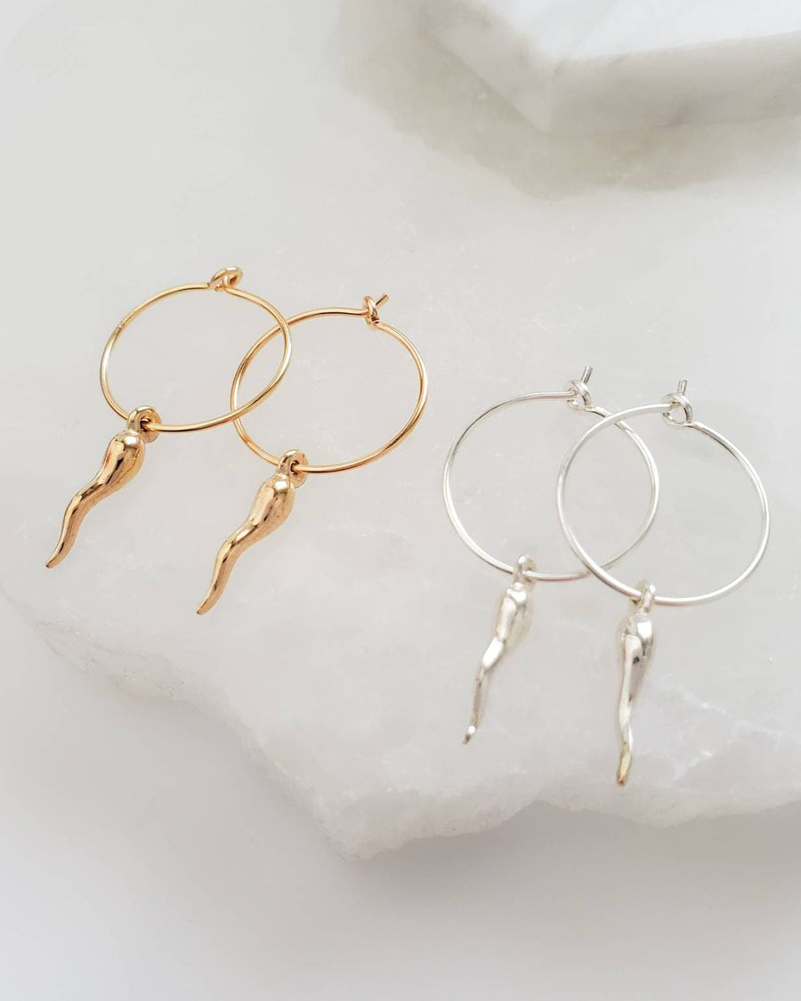 Tiny Italian Horn Hoop Earrings • Thin Gold Hoops • Small Italian Horn • Delicate Hoops • Hoop Earrings • Dainty Jewelry • Good Luck