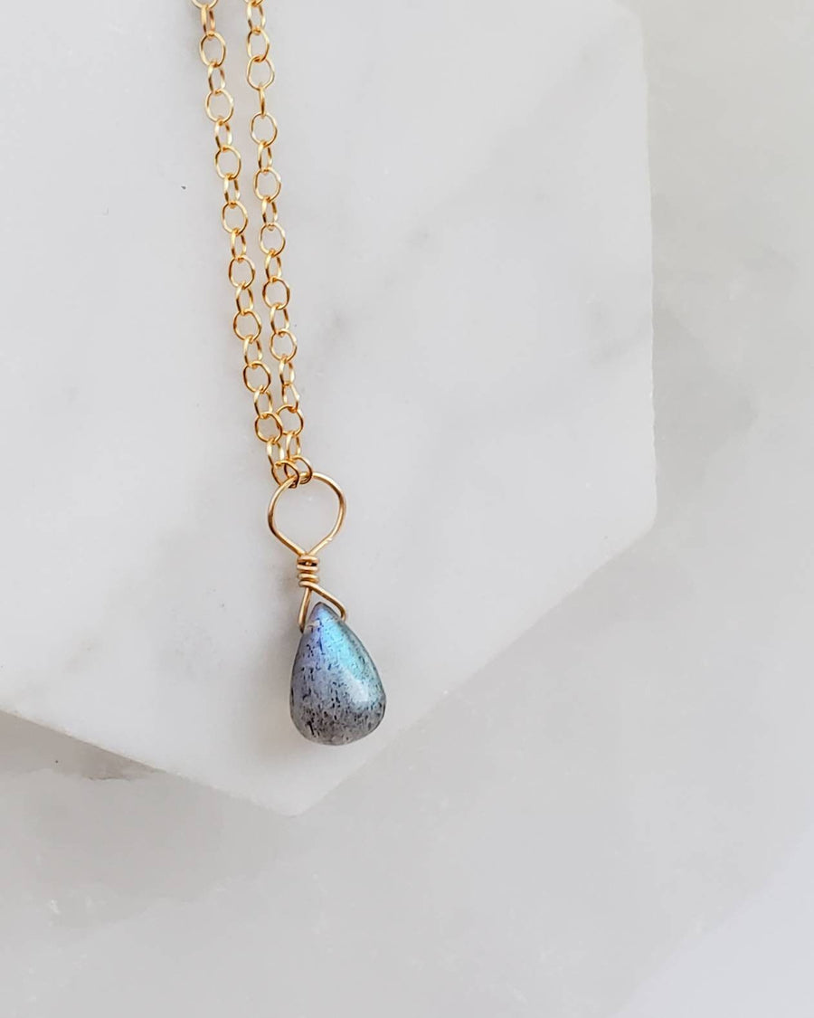 Dainty Labradorite Necklace • Smooth Labradorite Drop • Delicate Gold Chain • Layering Necklace • Blue Green Labradorite Pendant • Gift