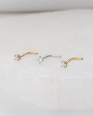 CZ Diamond L Bend Nose Stud • 18g or 20g • Surgical Steel • Gold • Rose Gold • 2mm and 3mm Prong Set CZ • Delicate Nose Stud • Dainty Stud