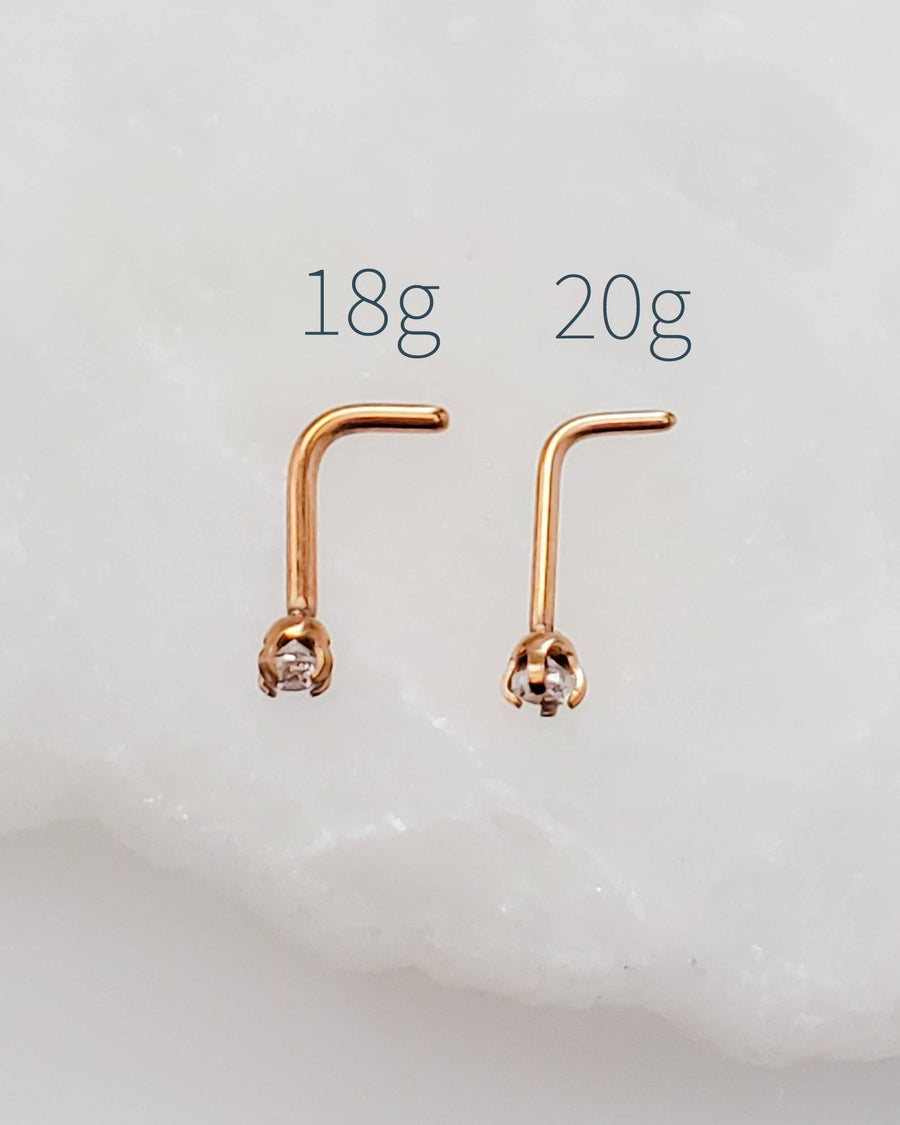 CZ Diamond L Bend Nose Stud • 18g or 20g • Surgical Steel • Gold • Rose Gold • 2mm and 3mm Prong Set CZ • Delicate Nose Stud • Dainty Stud