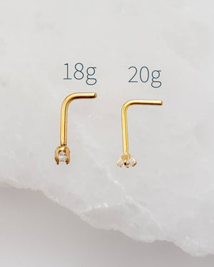 CZ Diamond L Bend Nose Stud • 18g or 20g • Surgical Steel • Gold • Rose Gold • 2mm and 3mm Prong Set CZ • Delicate Nose Stud • Dainty Stud