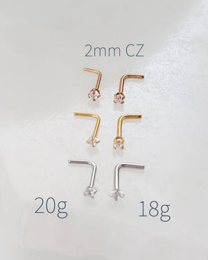 CZ Diamond L Bend Nose Stud • 18g or 20g • Surgical Steel • Gold • Rose Gold • 2mm and 3mm Prong Set CZ • Delicate Nose Stud • Dainty Stud