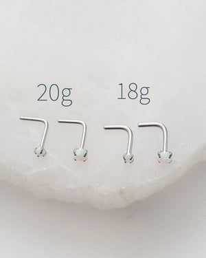 Opal L Bend Nose Stud • 20g • Surgical Steel • 2mm and 3mm Prong Set Blue or White Opal • Delicate Nose Stud • Dainty Stud