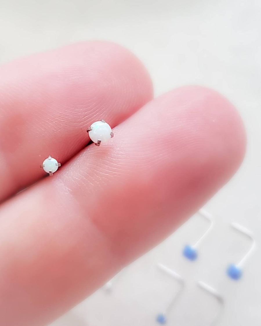 Opal L Bend Nose Stud • 20g • Surgical Steel • 2mm and 3mm Prong Set Blue or White Opal • Delicate Nose Stud • Dainty Stud