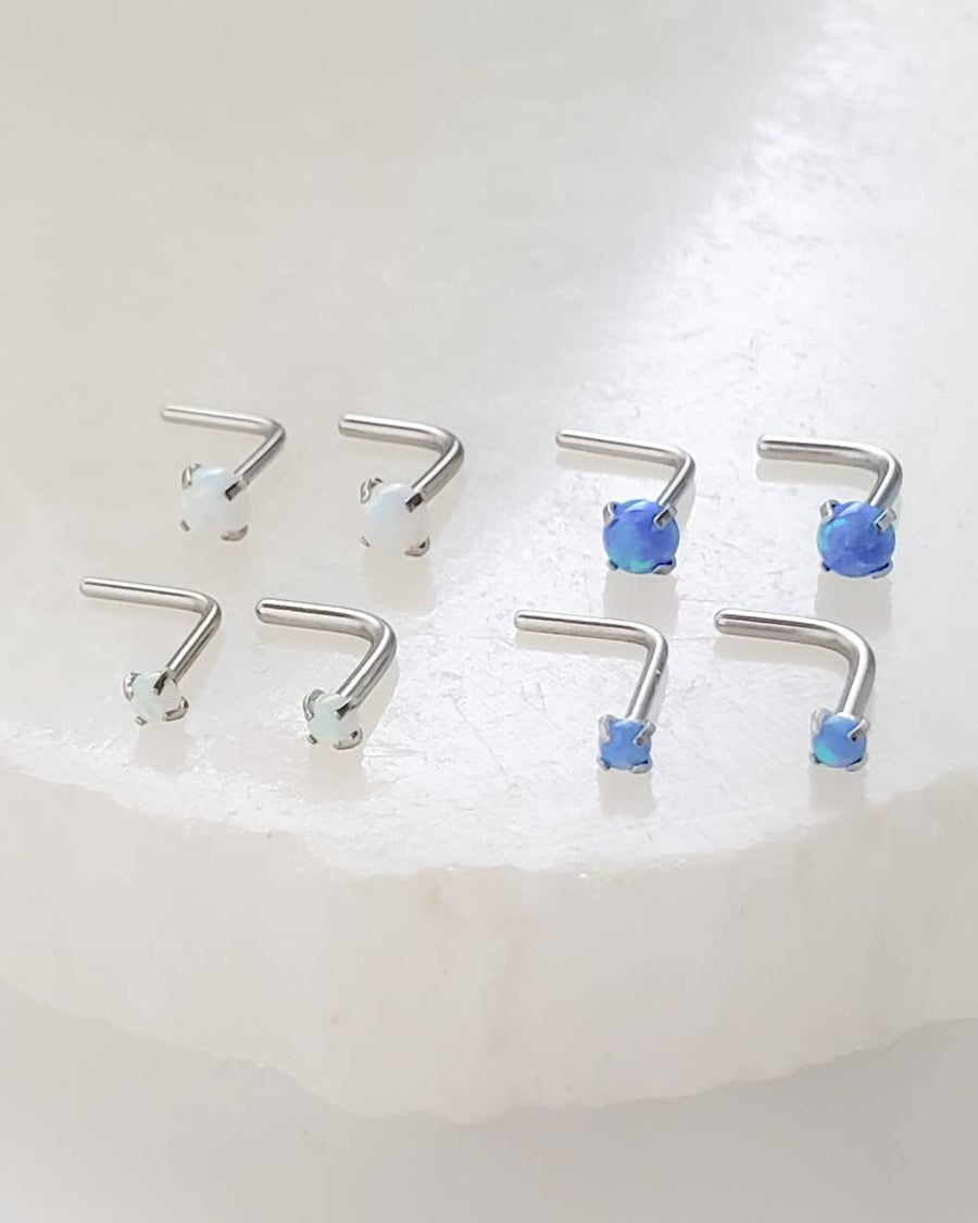 Opal L Bend Nose Stud • 20g • Surgical Steel • 2mm and 3mm Prong Set Blue or White Opal • Delicate Nose Stud • Dainty Stud