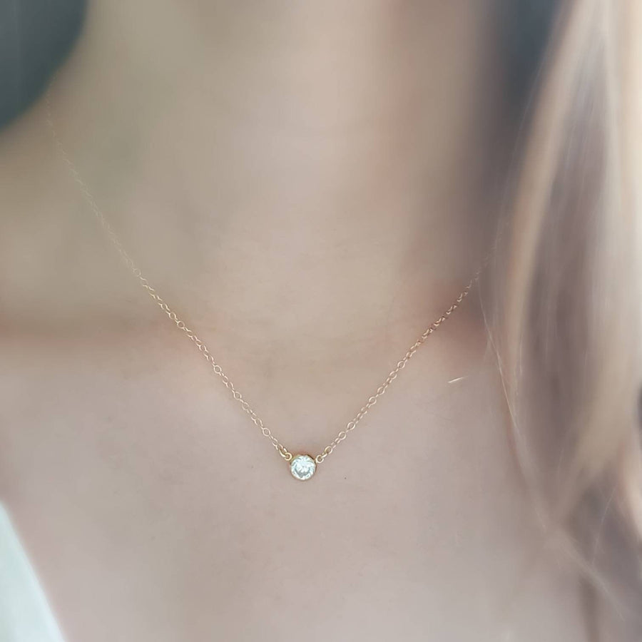 Solitaire Diamond CZ Necklace • Delicate Layering Necklace • Single Cubic Zirconia Drop • Dainty Jewelry • Gold Chain