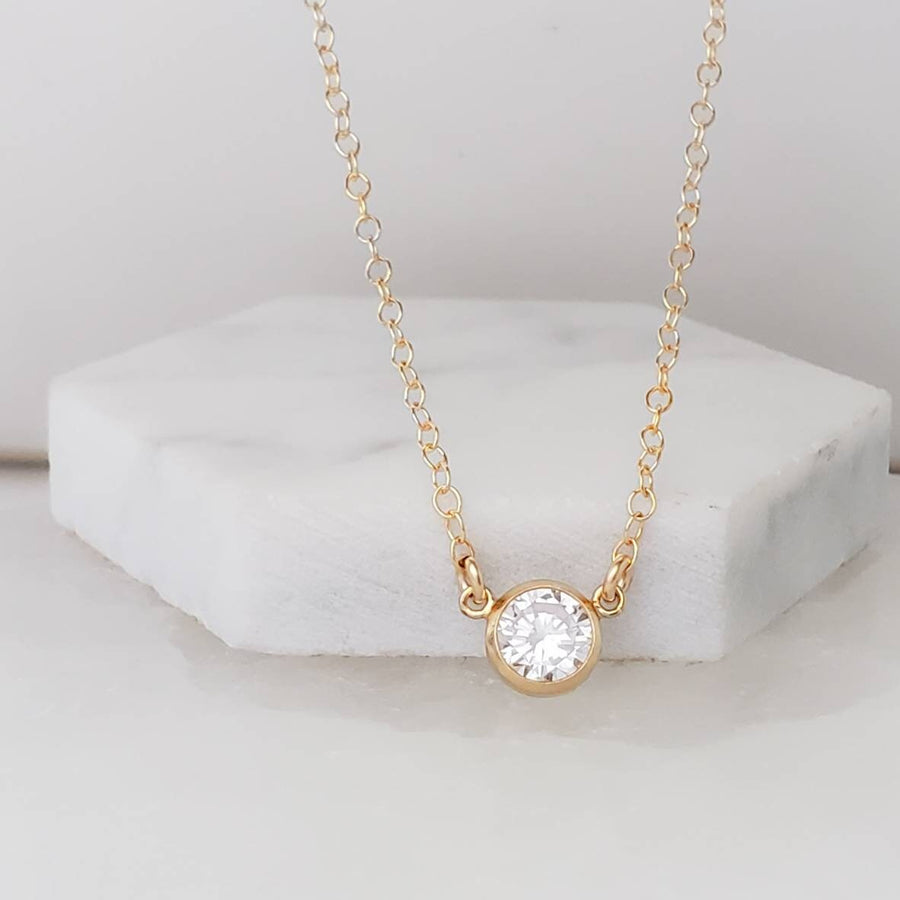 Solitaire Diamond CZ Necklace • Delicate Layering Necklace • Single Cubic Zirconia Drop • Dainty Jewelry • Gold Chain