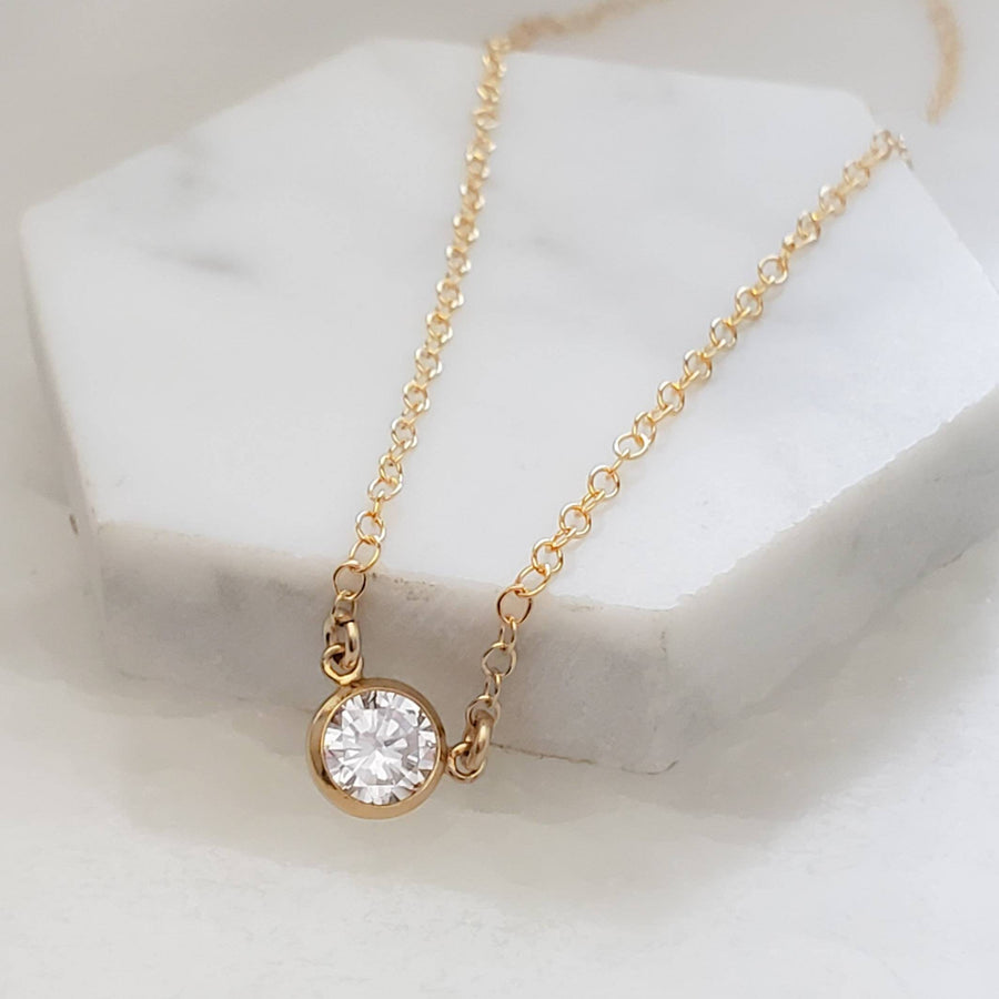 Solitaire Diamond CZ Necklace • Delicate Layering Necklace • Single Cubic Zirconia Drop • Dainty Jewelry • Gold Chain