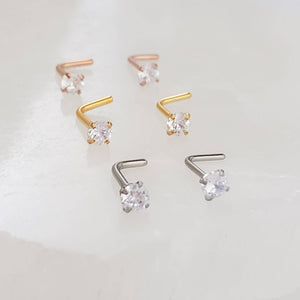 CZ Diamond L Bend Nose Stud • 18g or 20g • Surgical Steel • Gold • Rose Gold • 2mm and 3mm Prong Set CZ • Delicate Nose Stud • Dainty Stud