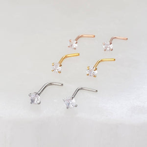 CZ Diamond L Bend Nose Stud • 18g or 20g • Surgical Steel • Gold • Rose Gold • 2mm and 3mm Prong Set CZ • Delicate Nose Stud • Dainty Stud