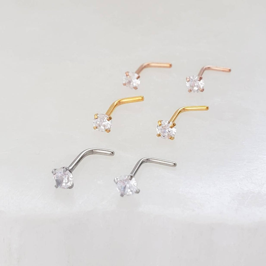 CZ Diamond L Bend Nose Stud • 18g or 20g • Surgical Steel • Gold • Rose Gold • 2mm and 3mm Prong Set CZ • Delicate Nose Stud • Dainty Stud