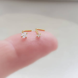 CZ Diamond L Bend Nose Stud • 18g or 20g • Surgical Steel • Gold • Rose Gold • 2mm and 3mm Prong Set CZ • Delicate Nose Stud • Dainty Stud