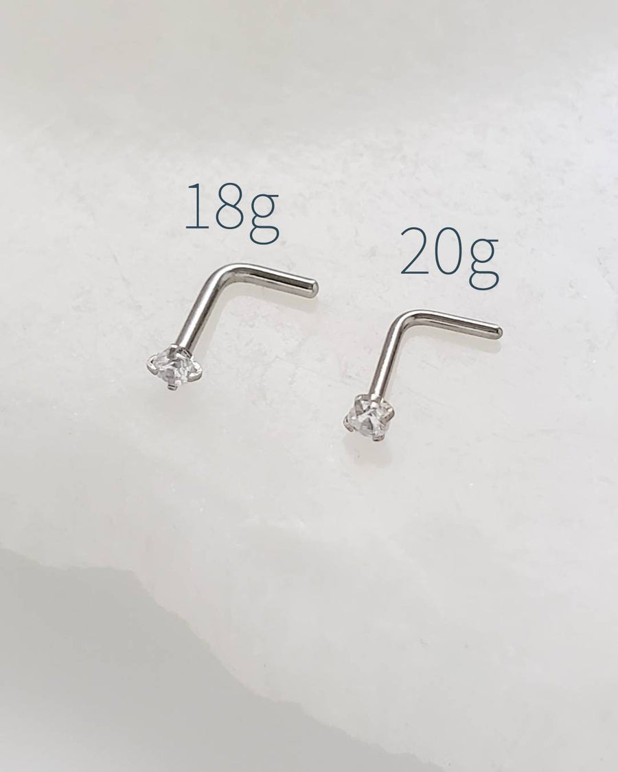 CZ Diamond L Bend Nose Stud • 18g or 20g • Surgical Steel • Gold • Rose Gold • 2mm and 3mm Prong Set CZ • Delicate Nose Stud • Dainty Stud