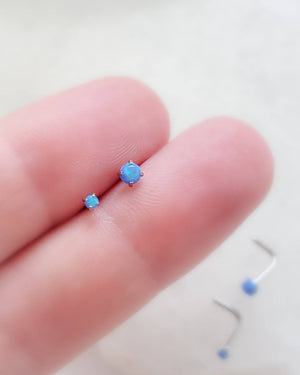 Opal L Bend Nose Stud • 20g • Surgical Steel • 2mm and 3mm Prong Set Blue or White Opal • Delicate Nose Stud • Dainty Stud